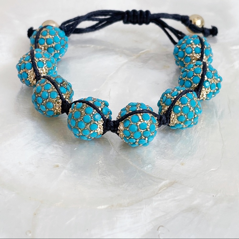 Gold Tone Aqua Blue Beaded Black Cord Elegant Bracelet OS